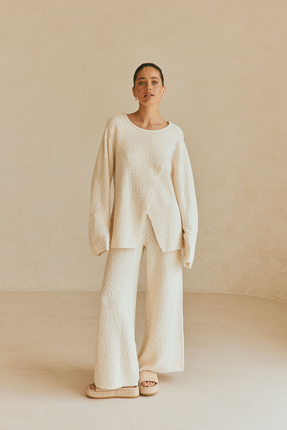 Beige Knit High Waist Mara Pants