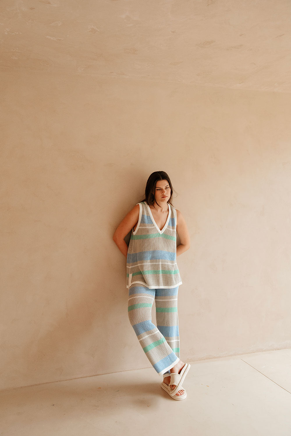 Astea V Neckline Knit Top - Grey, Green, Blue, White Stripe