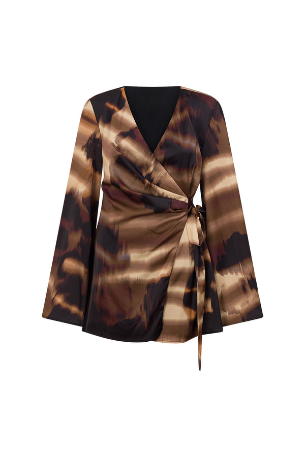 Brown Mirage Bloom Print Satin Mini Wrap Haven Dress