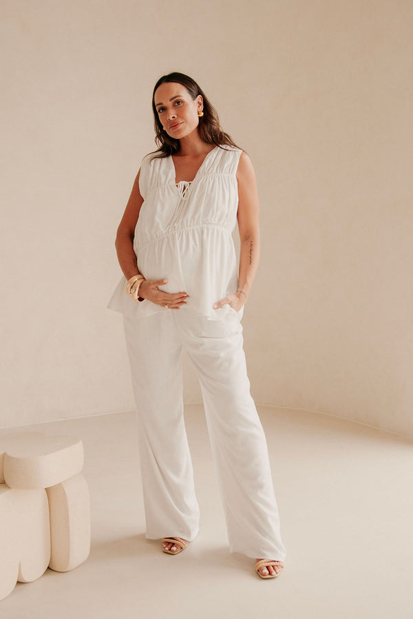 White Linen Elastic Drawstring Pocket Brisa Pants