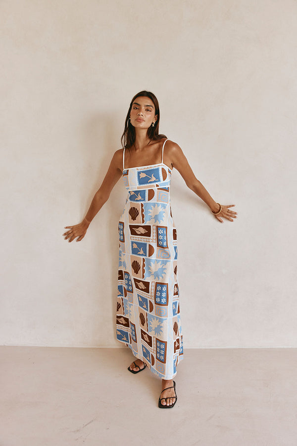 Blue Solis Print Strappy A-Line Maxi Giorgia Dress