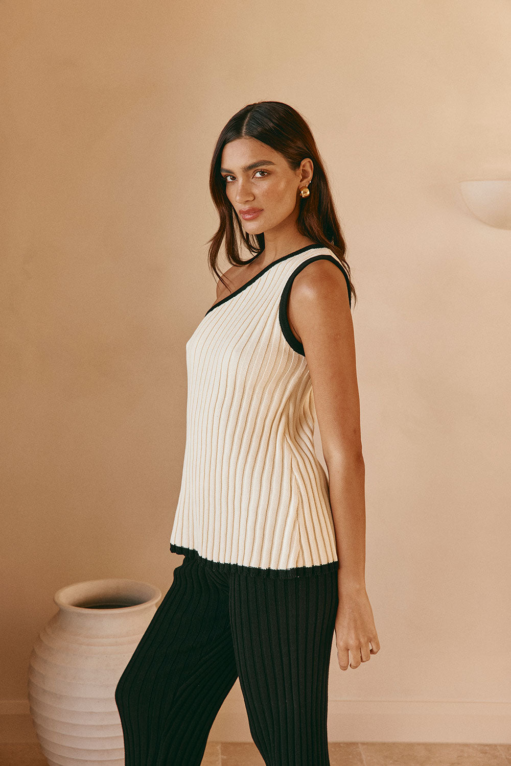 Cream Ribbed One Shoulder Aylani Top