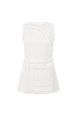 Alexi Button Mini Dress - White, Brown trim