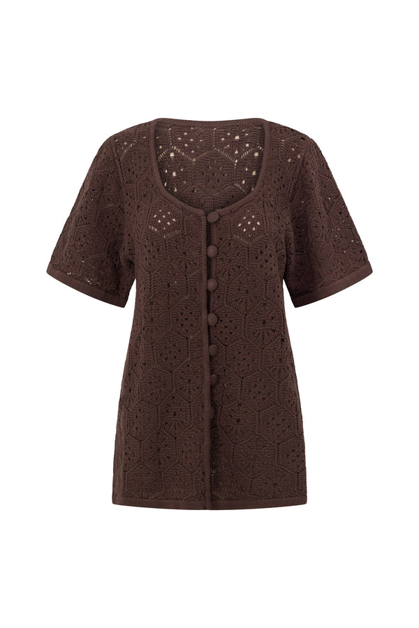 Brown Crochet Knit Button Up Umiko Top