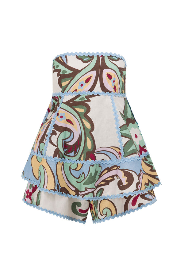 Blue Floral Paradesios Print Strapless Playsuit