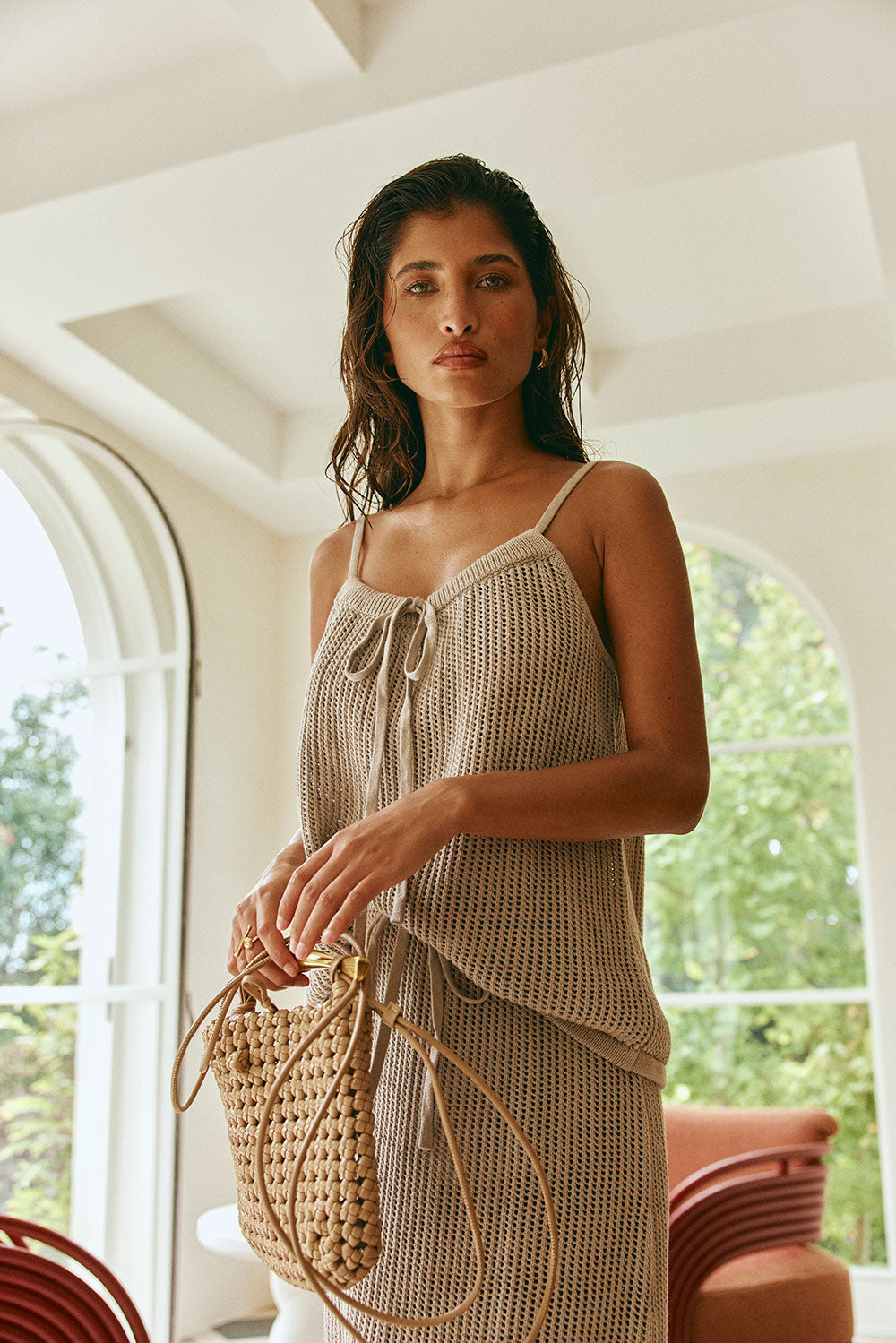 Taupe Knit V Neck Strappy Tie A-Line Havana Top