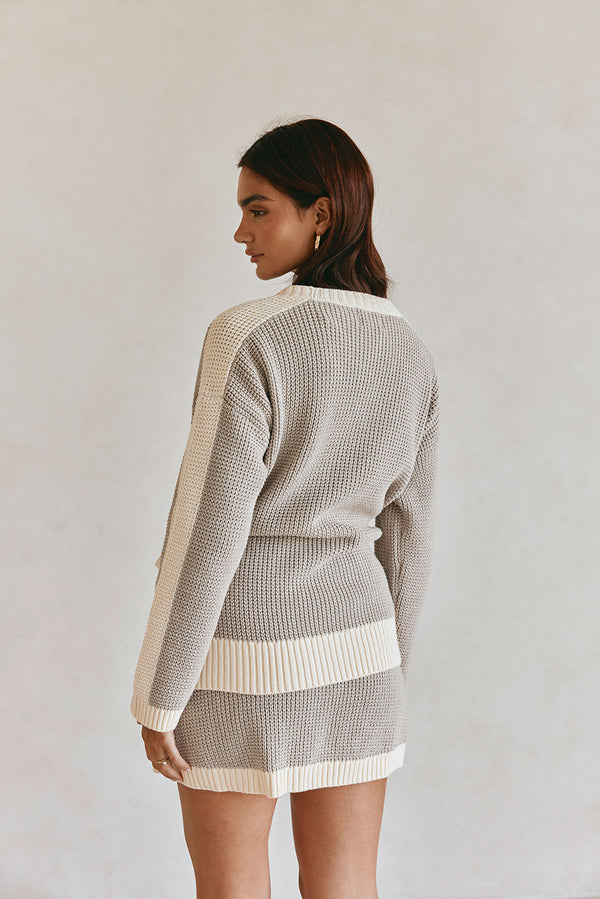 Grey and White Knit V Neck Wrap Chester Sweater