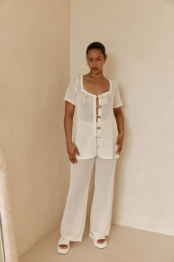 White Crochet Knit Button Up Milana Top