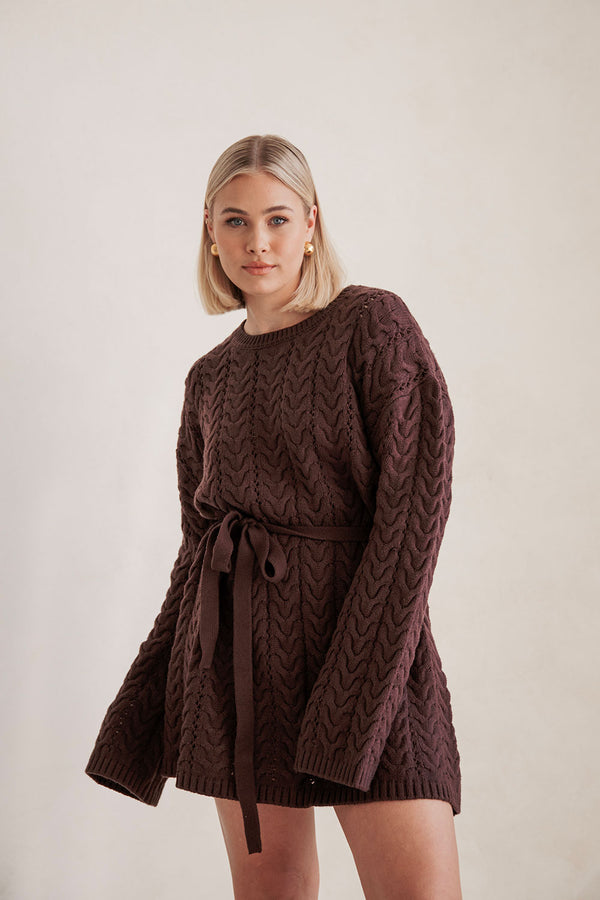 Brown Cable Knit Long Sleeve Tie Mini Sophie Dress