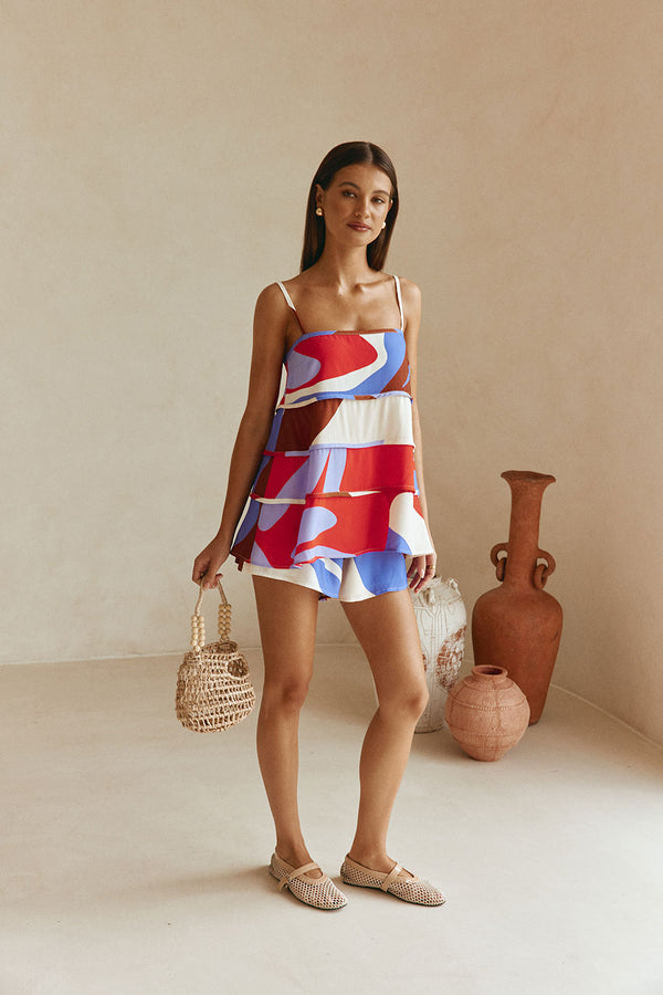 Valley Red Print Strappy Tiered Vian Top