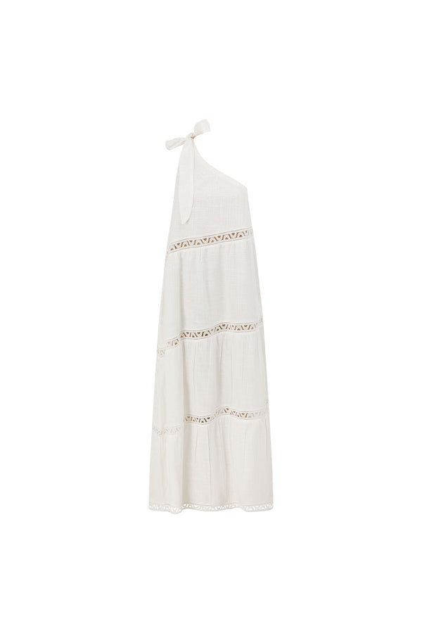 White Cotton One Shoulder Flouncy Maxi Juliette Dress
