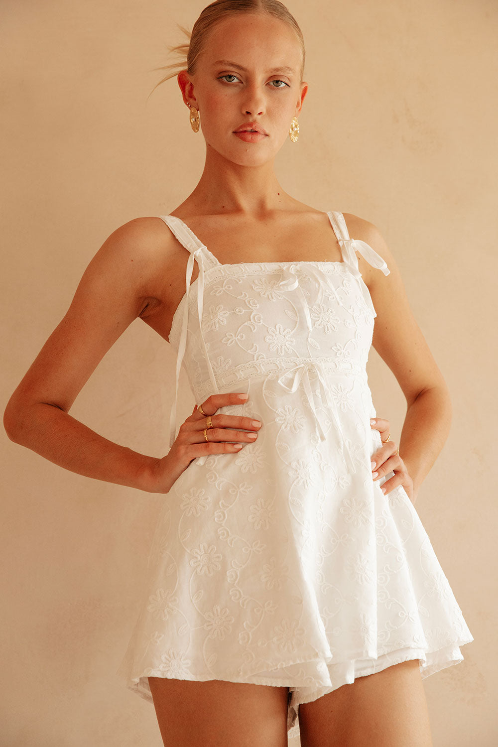 White Embroidered Wide Strap Aleta Playsuit