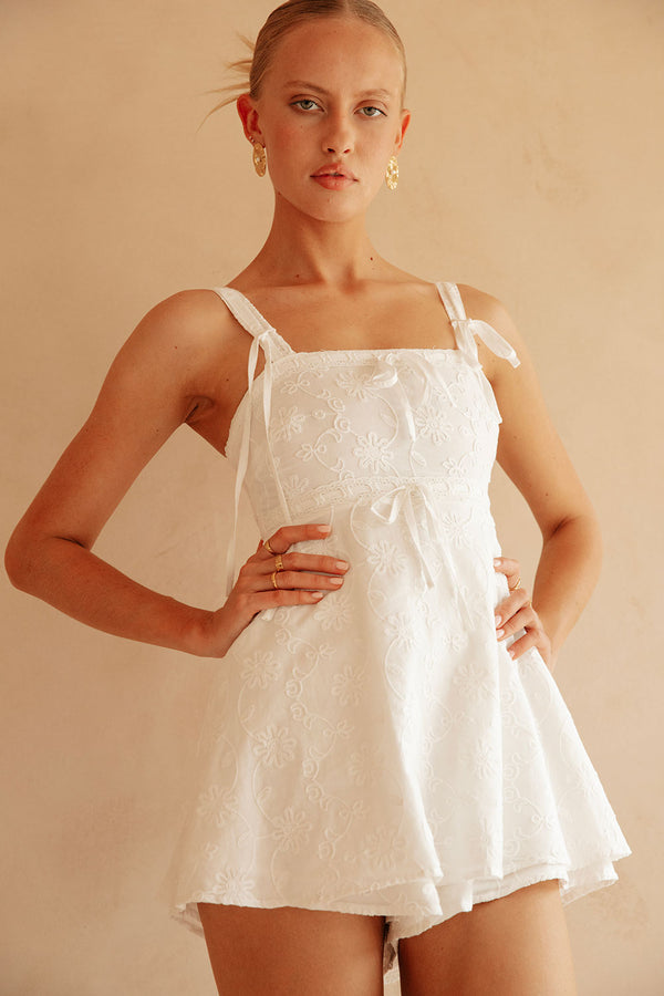 White Embroidered Wide Strap Aleta Playsuit