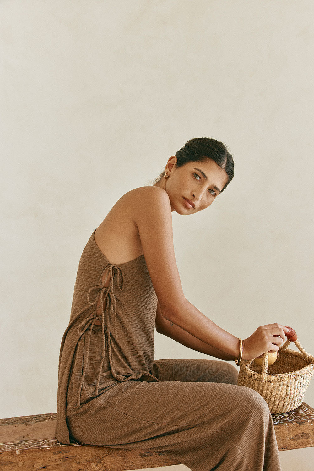 Chocolate Brown One Shoulder Side Tie Zen Top