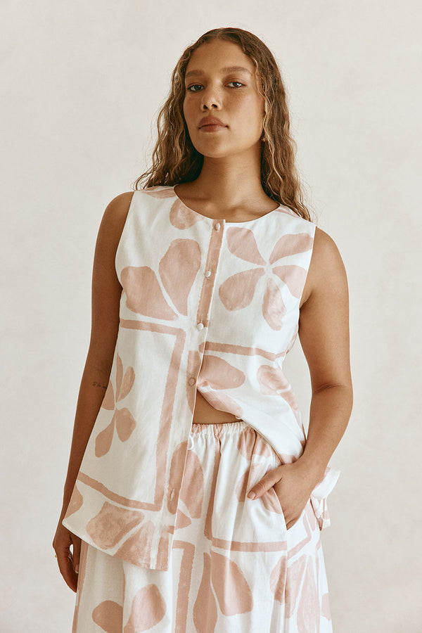 Pink Petal Patch Print Button Up Riko Top