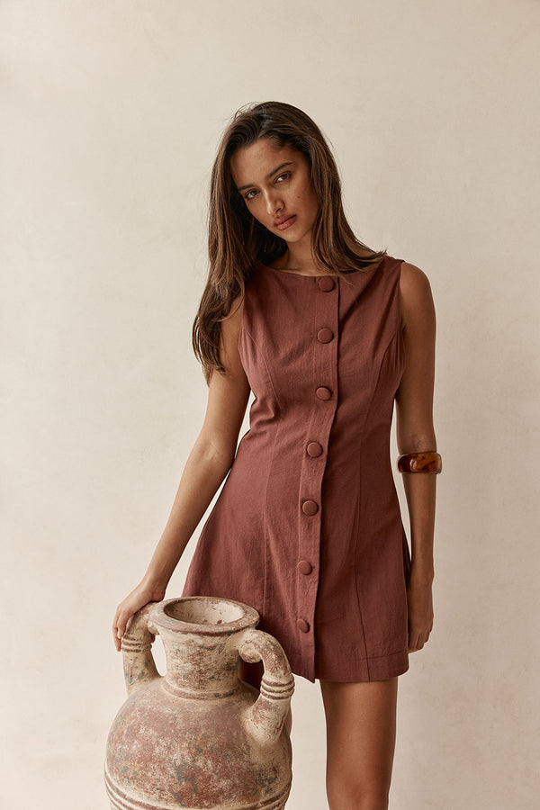 Chocolate Brown Button Flared Mini Graylee Dress