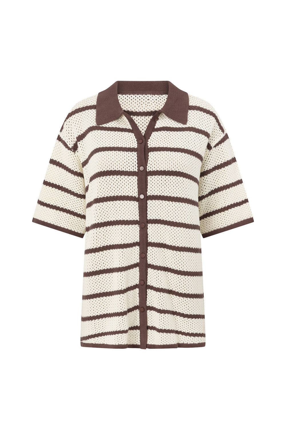 Mia Collared Button Up Short Sleeve Knit Top - Cream, Brown Stripe