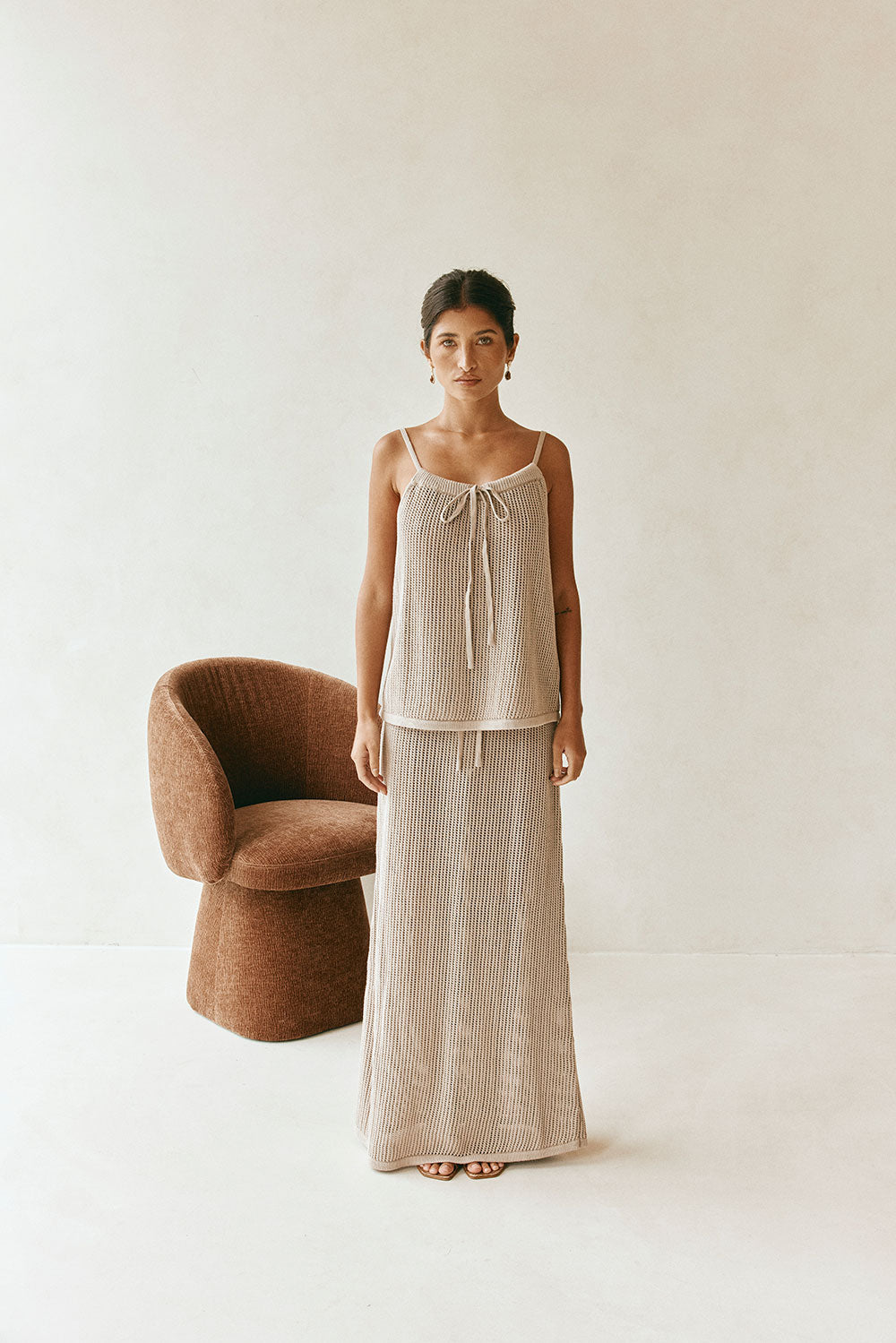 Taupe Knit V Neck Strappy Tie A-Line Havana Top