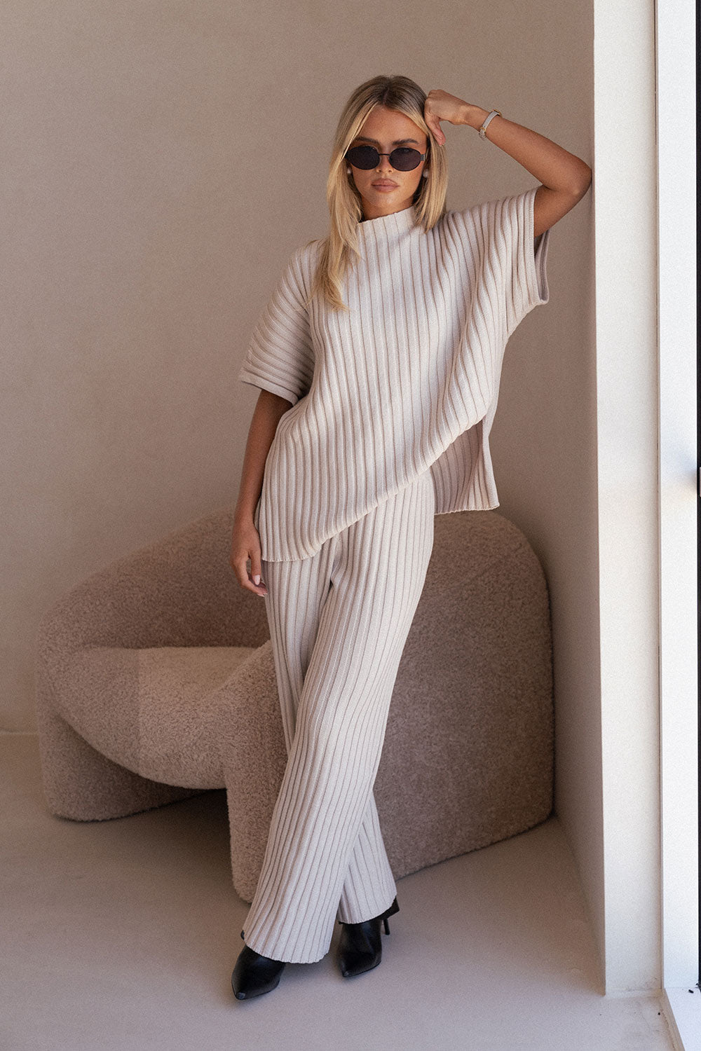 Beige Sand Ribbed Knit Celine Top