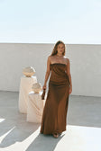 Chocolate Brown Silky Strapless Maxi Eclair Dress