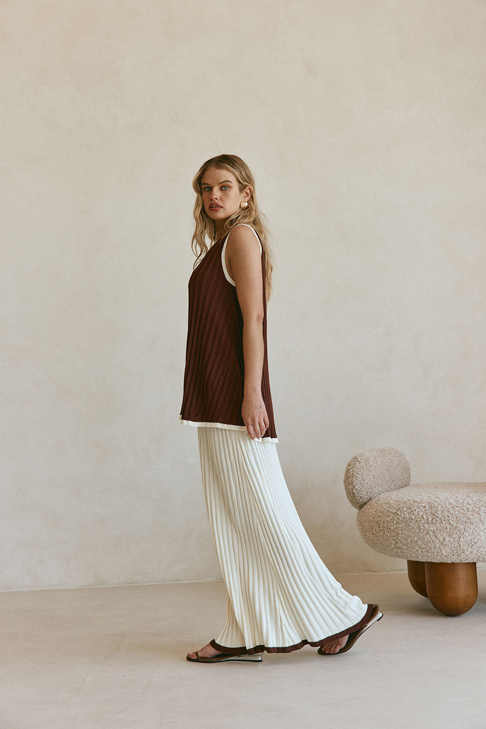 Chocolate Brown Ribbed V Neck Silla Top