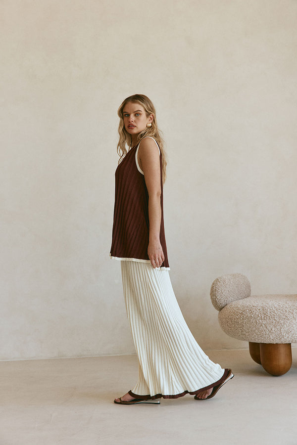 Chocolate Brown Ribbed V Neck Silla Top