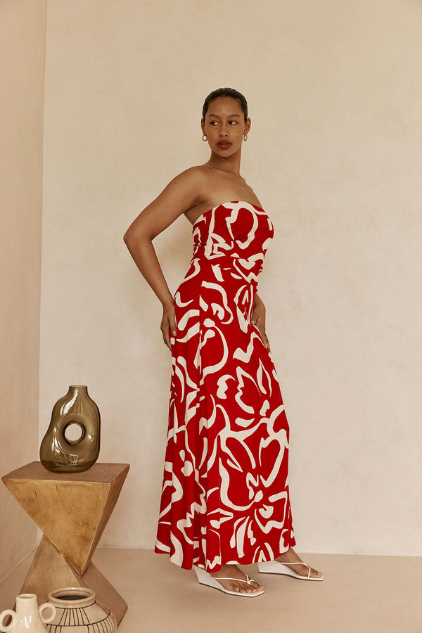 Red Fila Rogue Floral Print Strapless Maxi Liberty Dress