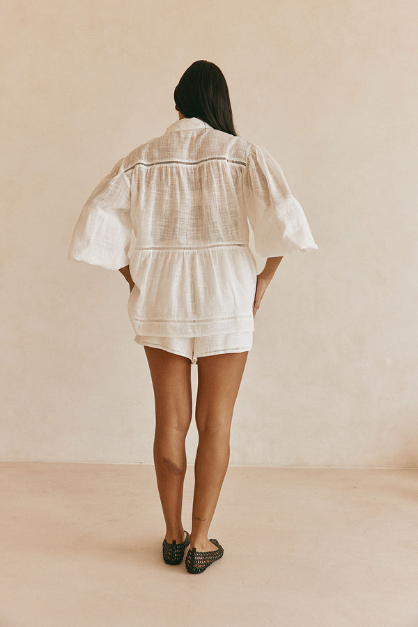 White Cheesecloth Button Up Puff Sleeve Rita Shirt