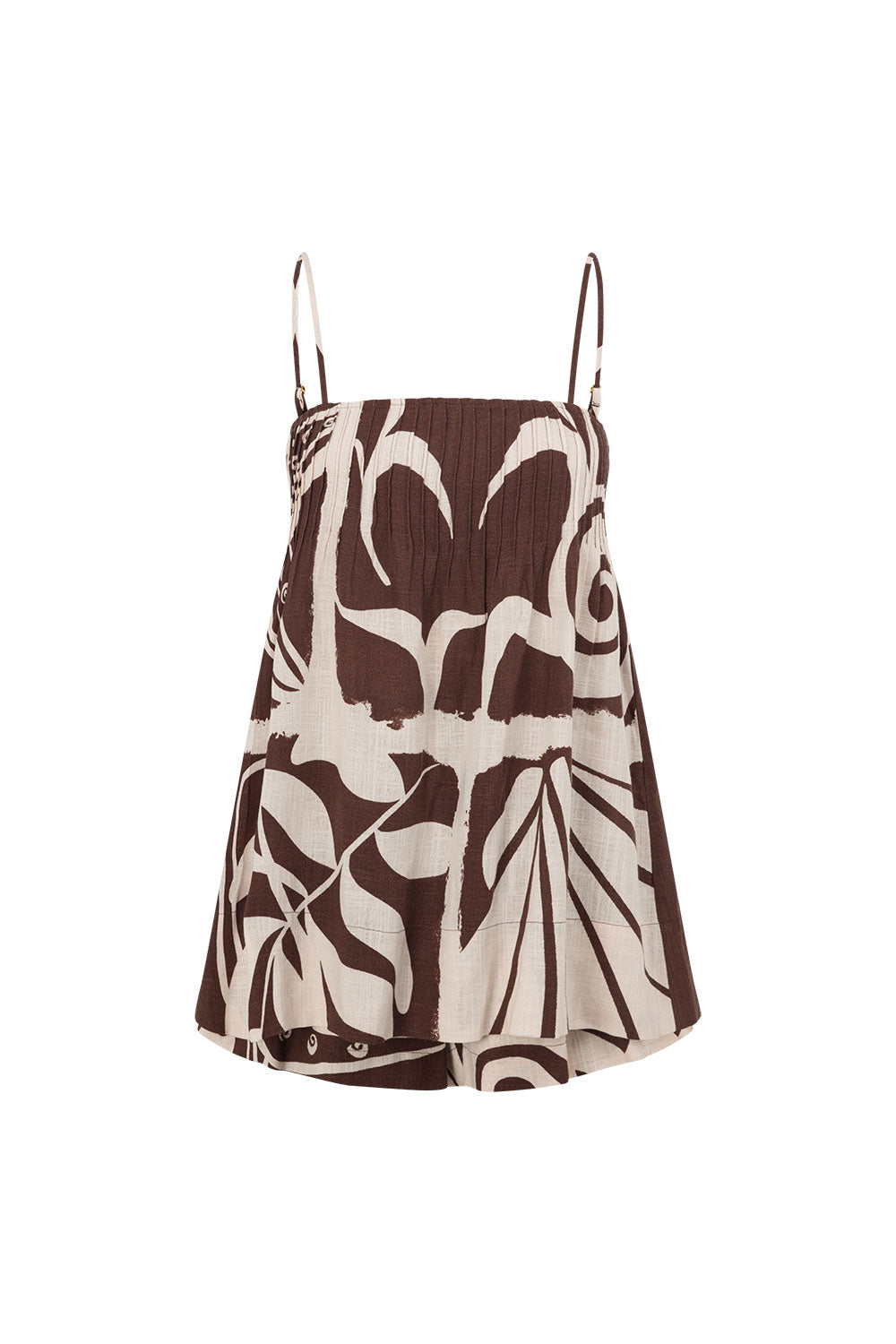 Brown and Cream Painted Tiles Print Strappy River Playsuit