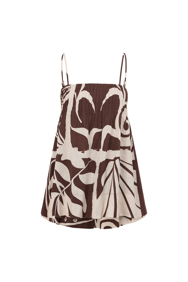 Brown and Cream Painted Tiles Print Strappy River Playsuit