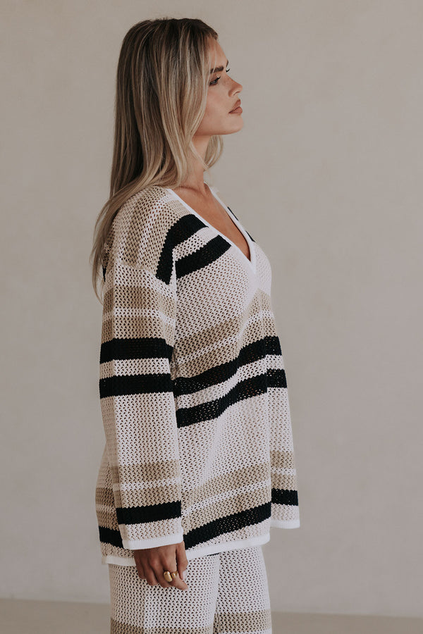 Tan Knit Long Sleeve V Neck Paityn Top