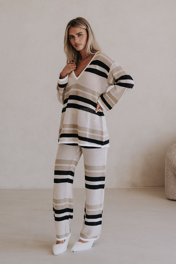 Beige and Brown Stripe Crochet Knit Paityn Pants