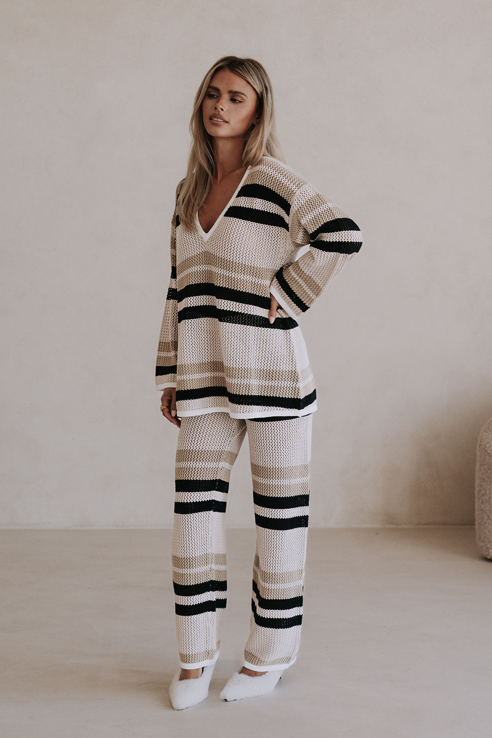 Tan Knit Long Sleeve V Neck Paityn Top