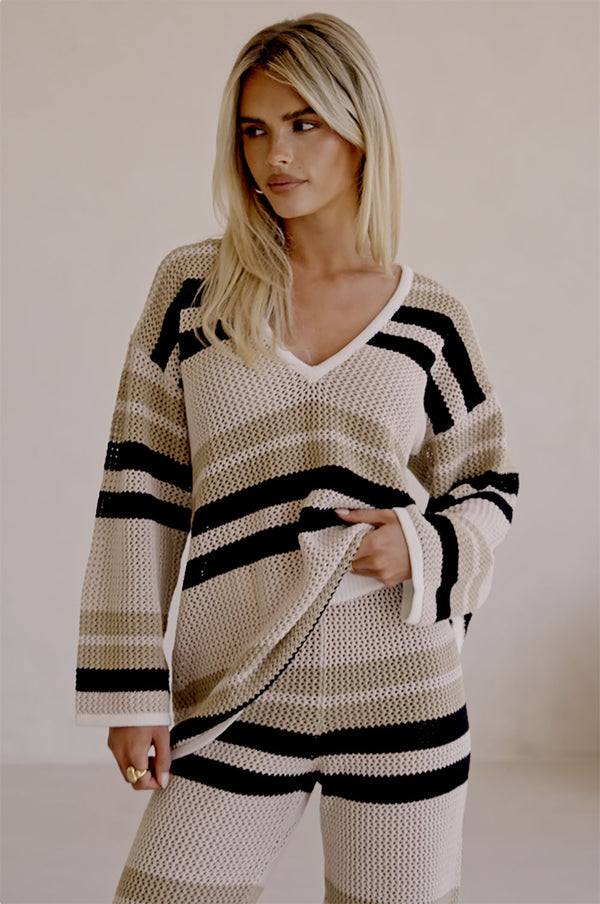 Beige and Brown Stripe Crochet Knit Paityn Pants