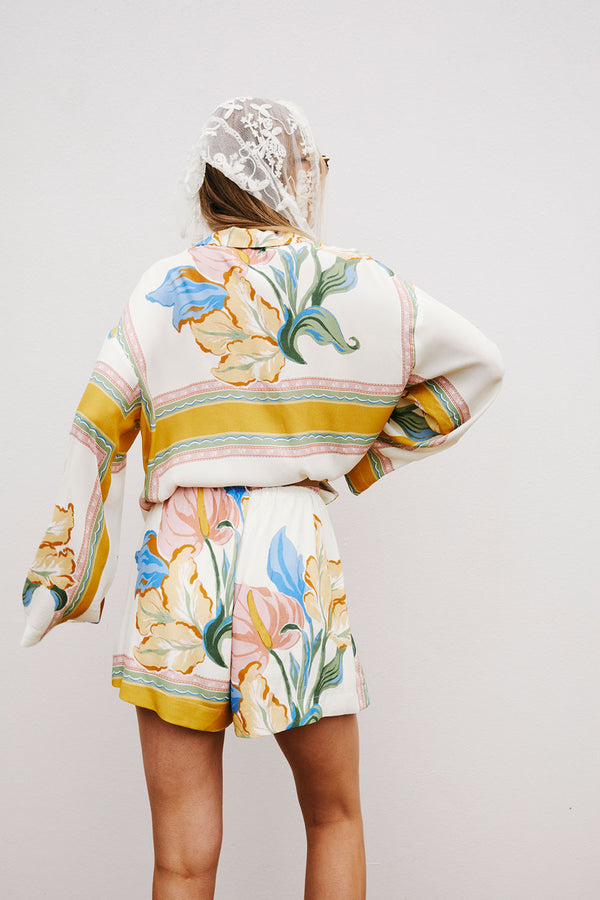 White and Yellow Botanique Drawstring Keziah Shorts