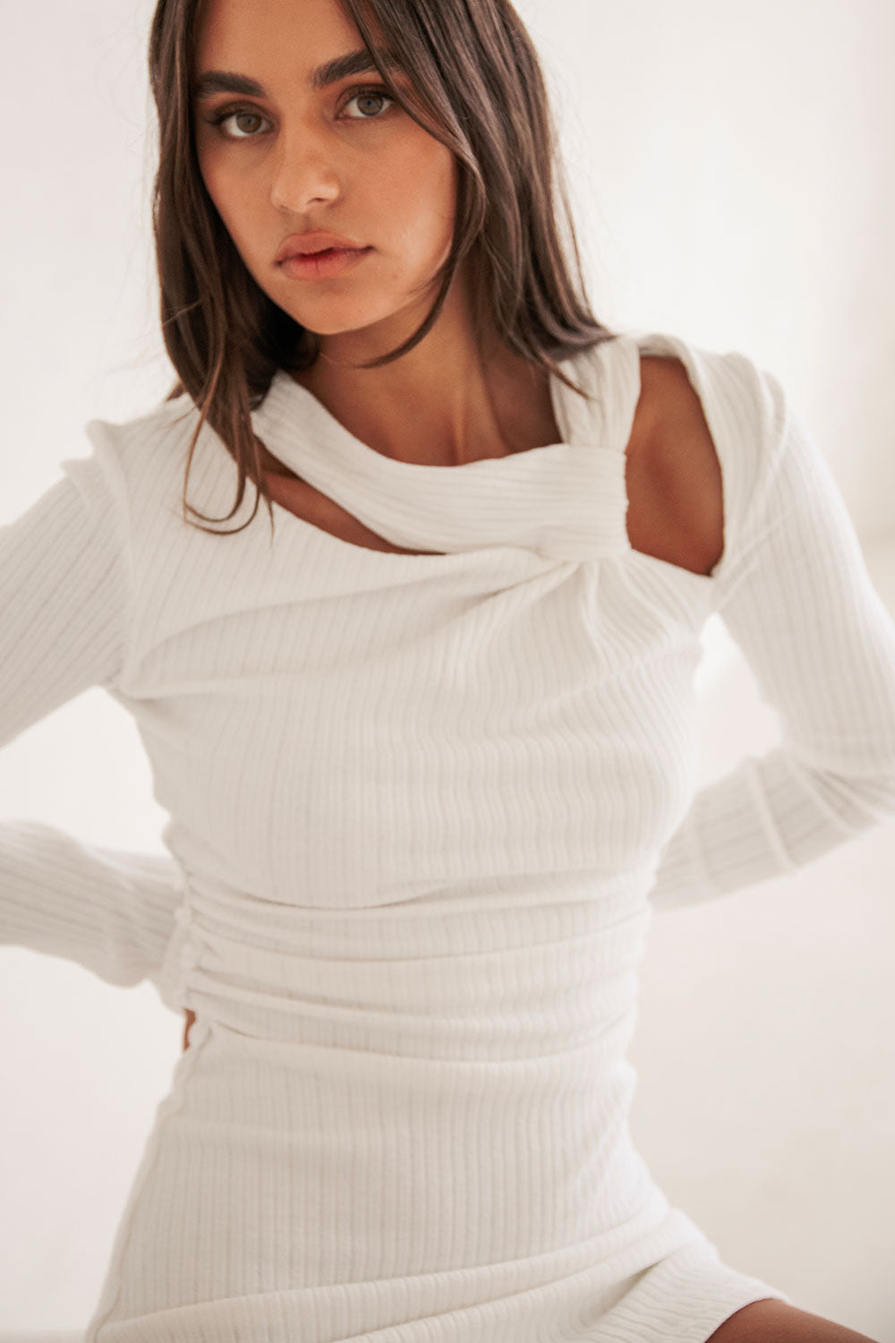 White Ribbed Long Sleeve A Line Mini Aster Dress