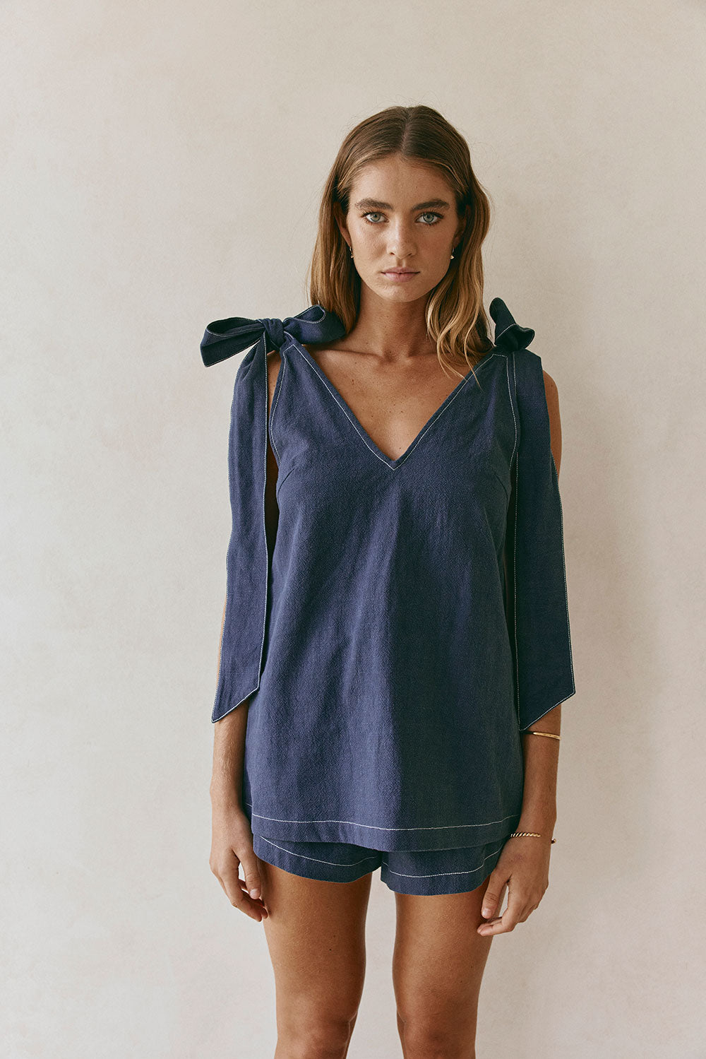 Dark Blue Denim V Neck Shoulder Bow Elixir Top
