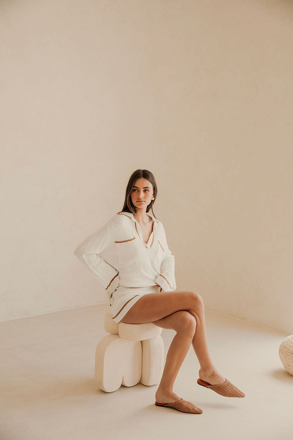 White Long Sleeve V Neck Collar Pocket Adair top