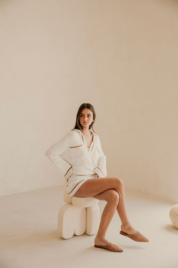 White Long Sleeve V Neck Collar Pocket Adair top