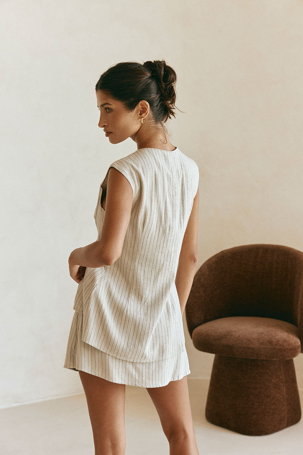 Beige Linen Blend Button Up Longline Zinnie Top