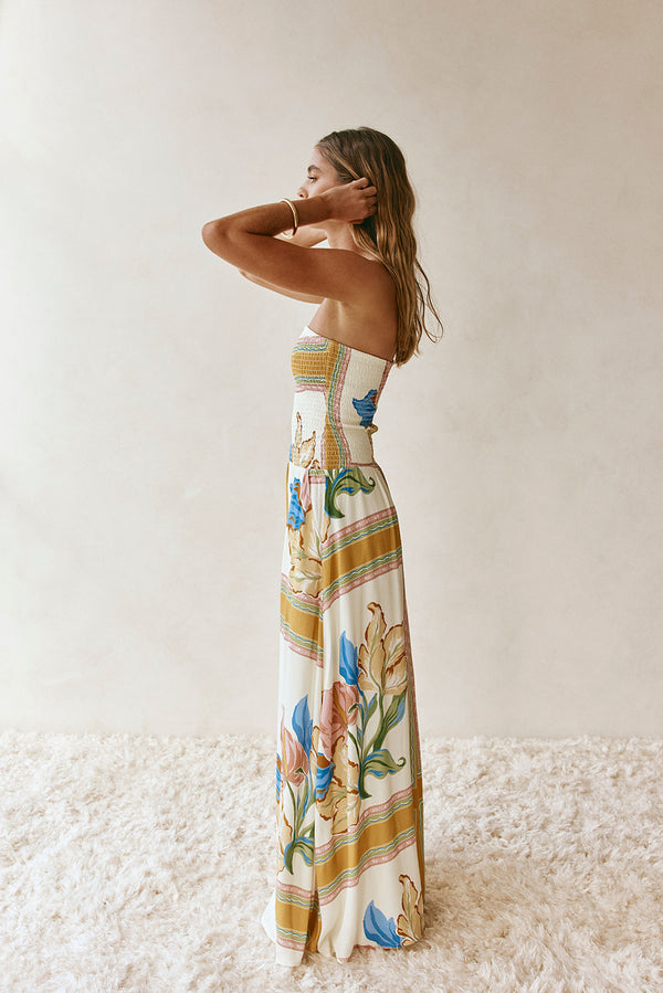 White and Yellow Botanique Strapless Maxi Fia Dress