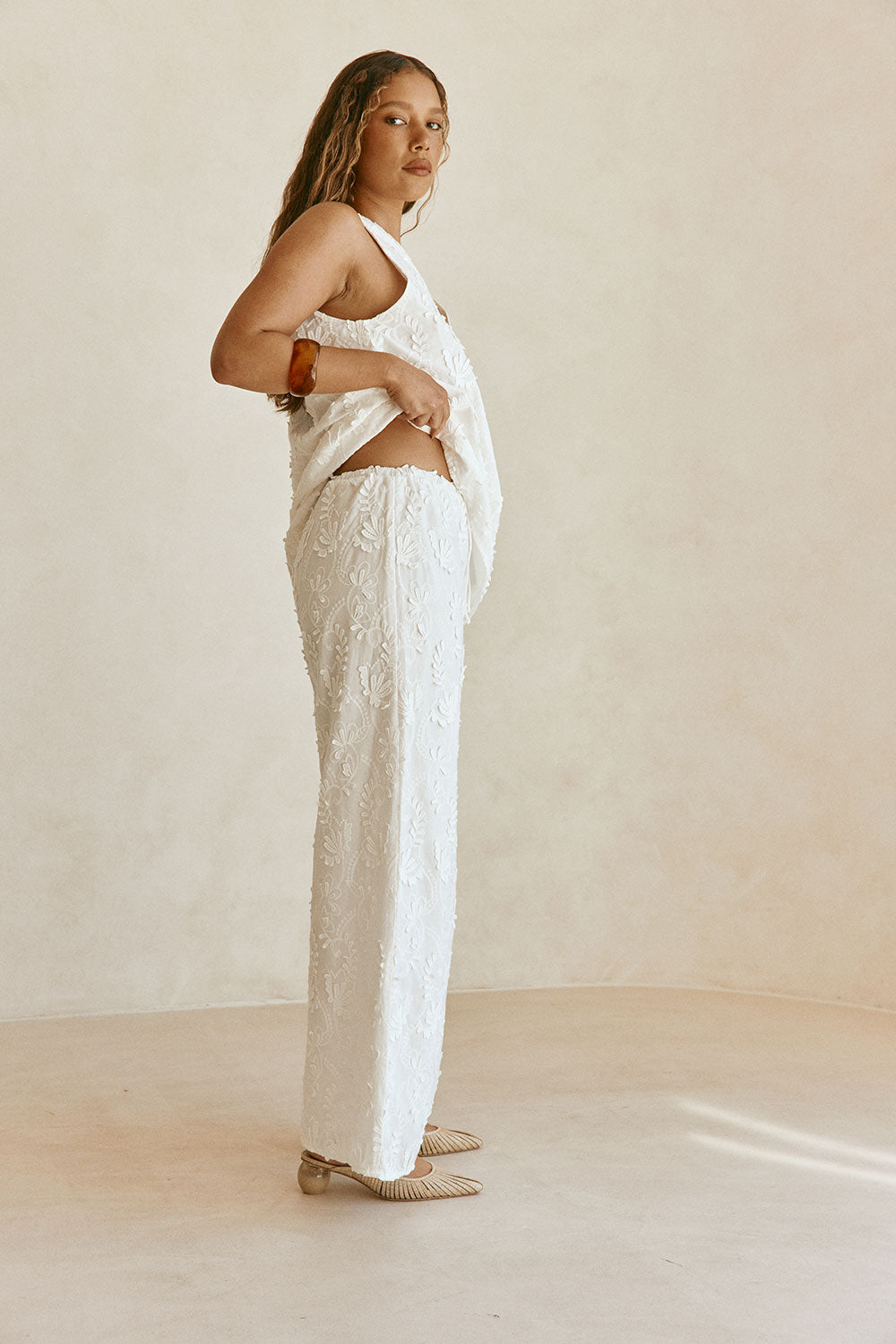White Leafy Motif High Waist Cambria Pants