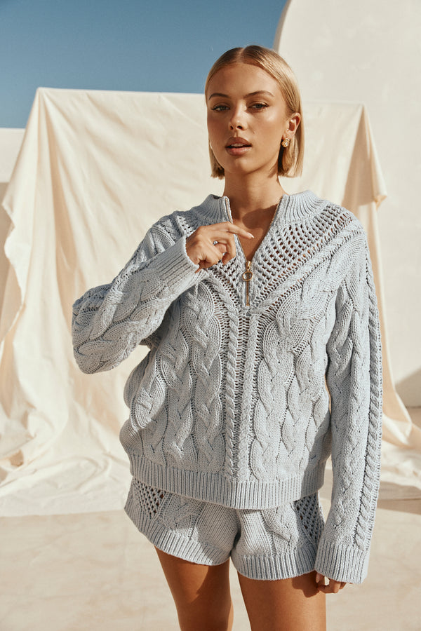 Baby Blue Knit Zip Diara Sweater