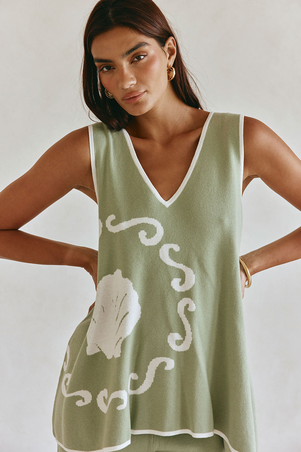 Green Ocean Relic Print Knit V Neck Malani Top