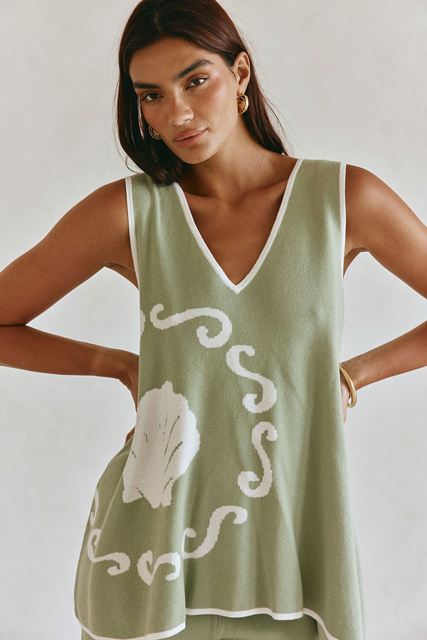 Green Ocean Relic Print Knit V Neck Malani Top