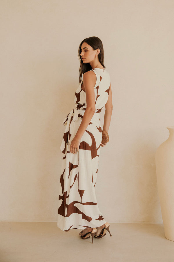 Madeira Split Wrap Maxi Dress - Brown, White Sunroom Chocolate Print