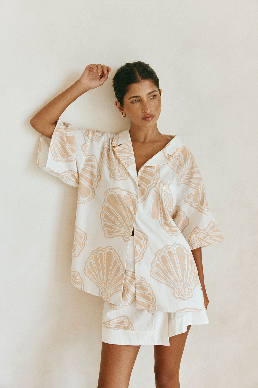 White Coastal Shell Button Up Collar Celestia Top