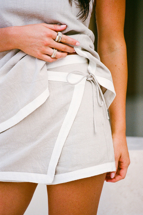 Beige Linen Blend Wrap Mini Berdie Skort