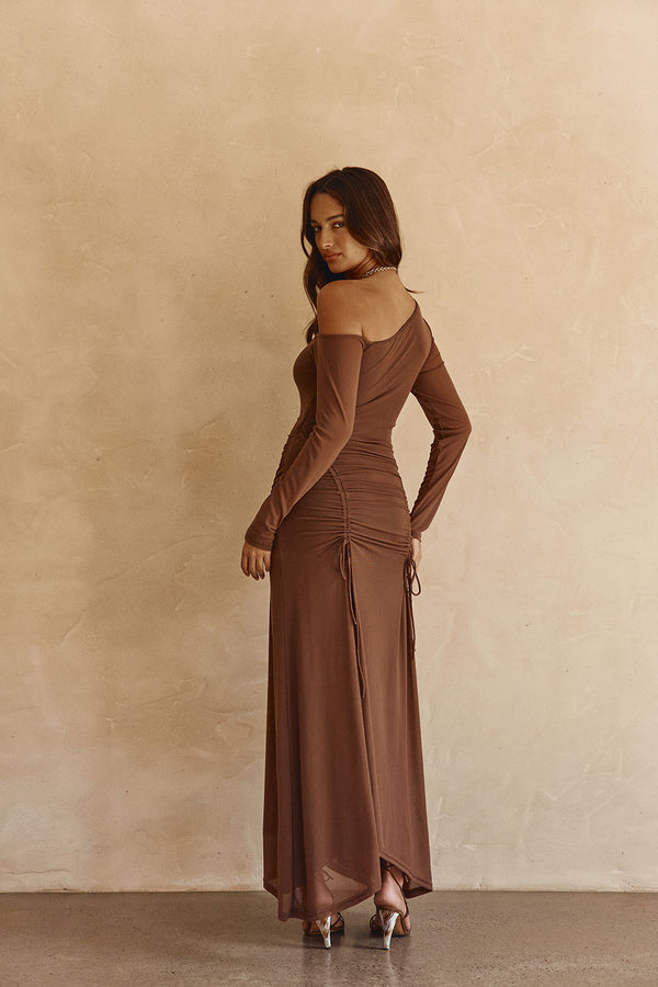 Chocolate Brown Asymmetric Draw Tie Maxi Callista Dress