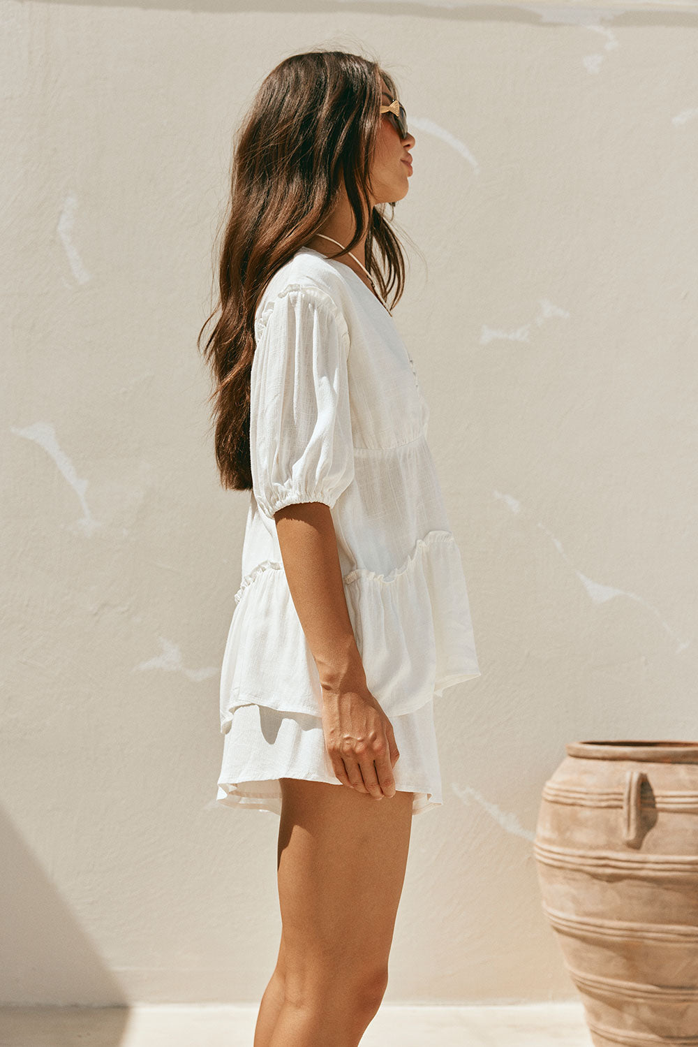 White Puff Sleeve V Neck Button Detail Lyon Top